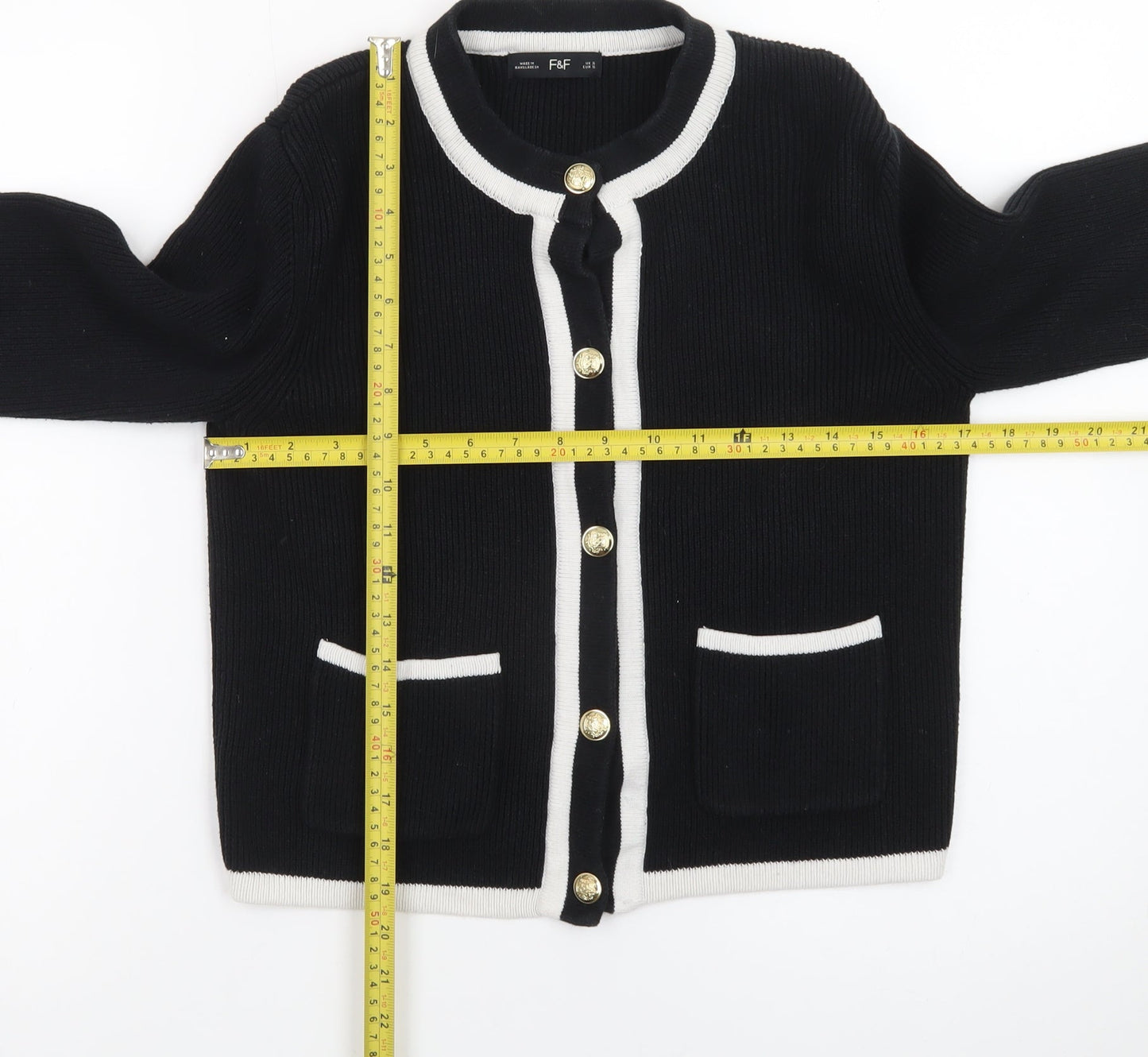 F&F Women's Black Contrast Trim Button Cardigan Size S