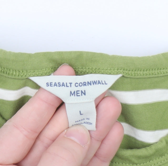 Seasalt Cornwall Green White Striped Long Sleeve Cotton T-Shirt L