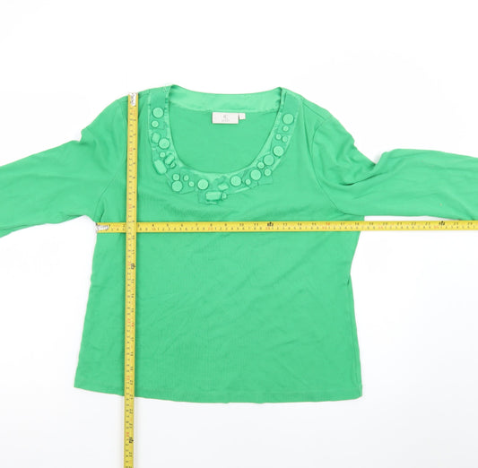 CC Petite Green Beaded Scoop Neck 3/4 Sleeve Cotton Blouse L