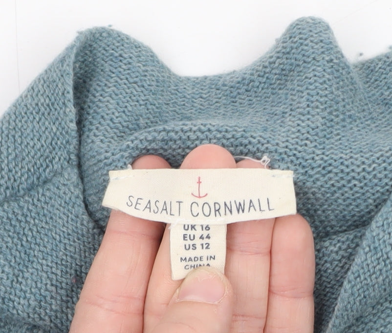 Seasalt Cornwall Women Blue Striped Mock Neck Cotton Jumper Size 16