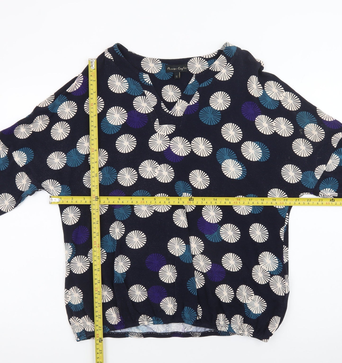 Phase Eight Women Blue Geometric Tunic Blouse UK 14 V-Neck 3/4 Sleeve