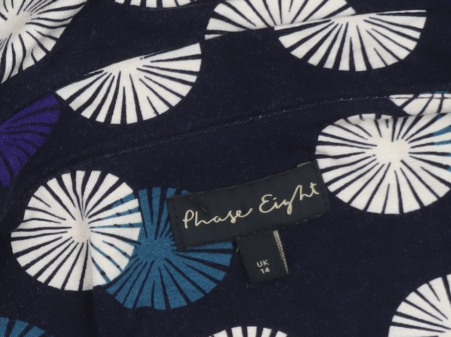 Phase Eight Women Blue Geometric Tunic Blouse UK 14 V-Neck 3/4 Sleeve