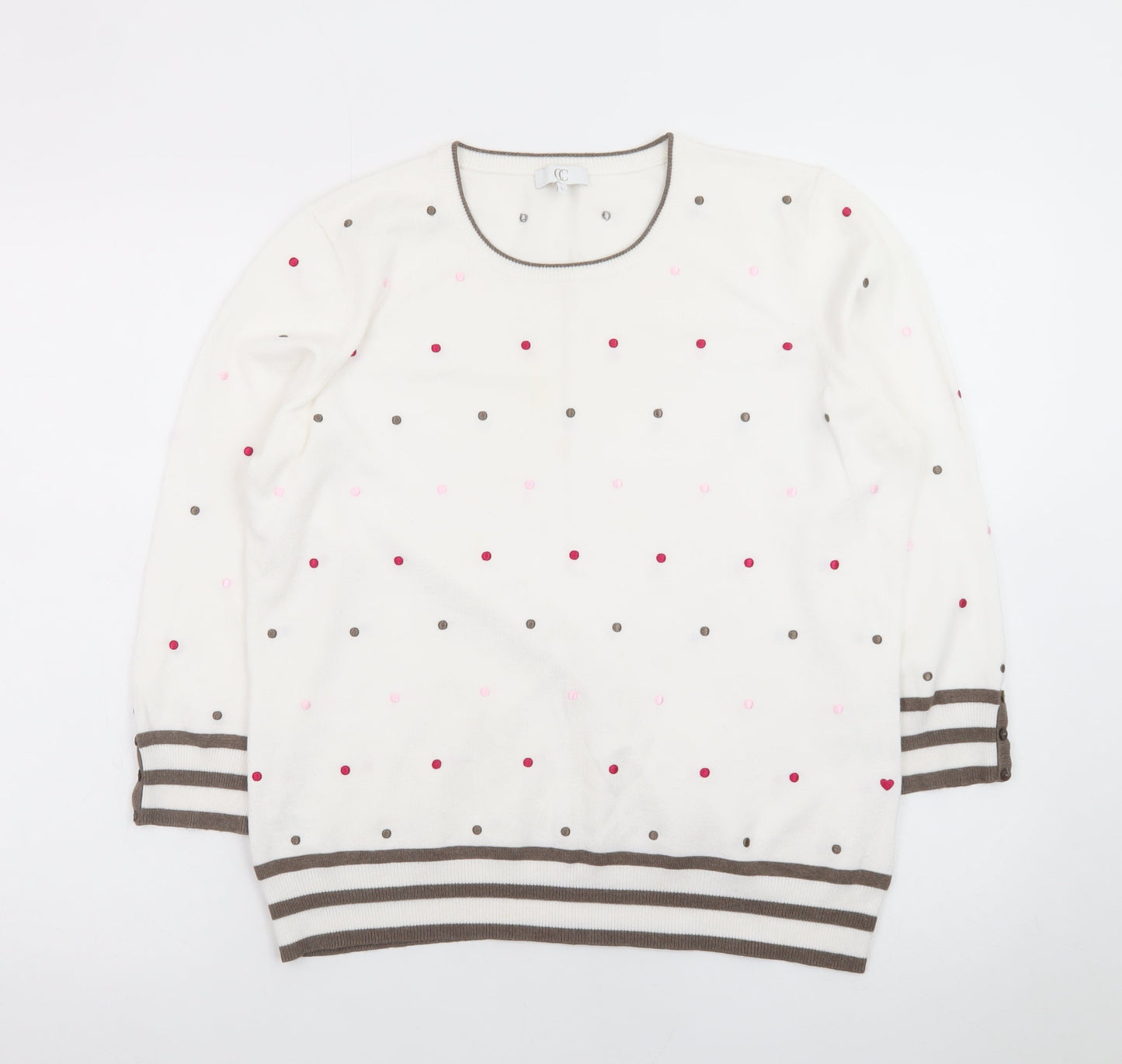 CC Womens Ivory Polka Dot Knit Jumper L Crew Neck 3/4 Sleeve