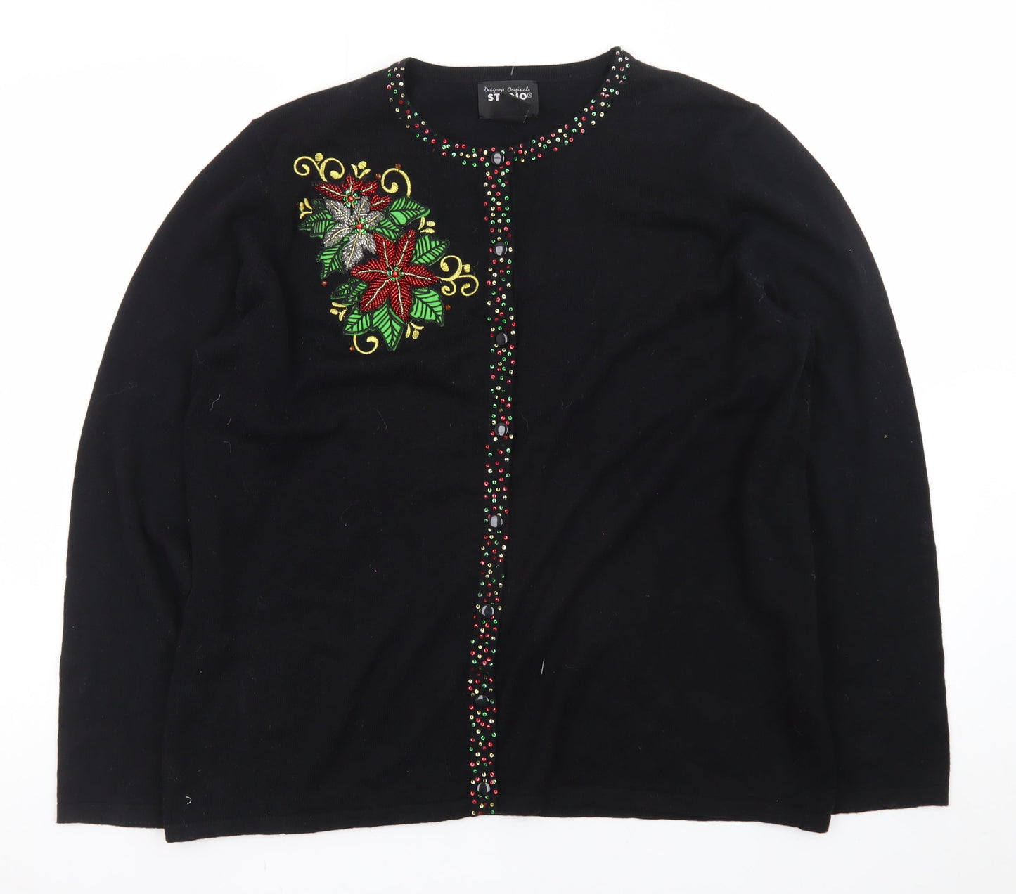 Designers Originals Studio Joy Women's Black L Cardigan with Beaded Christmas Embellishment