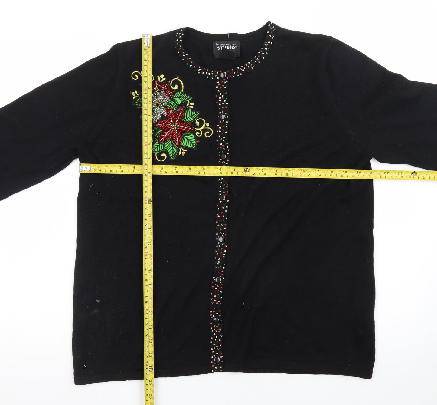 Designers Originals Studio Joy Women's Black L Cardigan with Beaded Christmas Embellishment