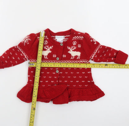 Ralph Lauren Girls Red Fair Isle Christmas Cardigan 6-9 Months Wool Blend