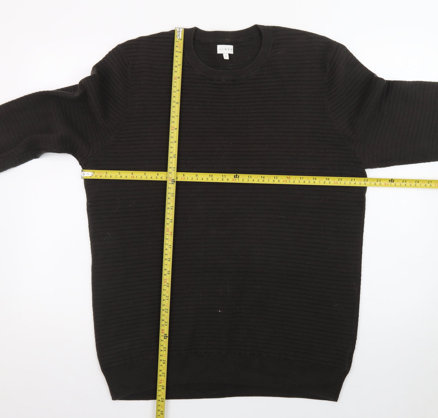 Linea Mens Black Cotton Rib Knit Crew Neck Jumper Size L