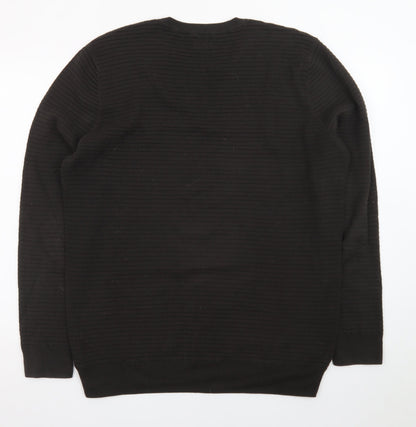 Linea Mens Black Cotton Rib Knit Crew Neck Jumper Size L