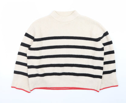 Zara Women Beige Stripe Mock Neck Knit Jumper Size S