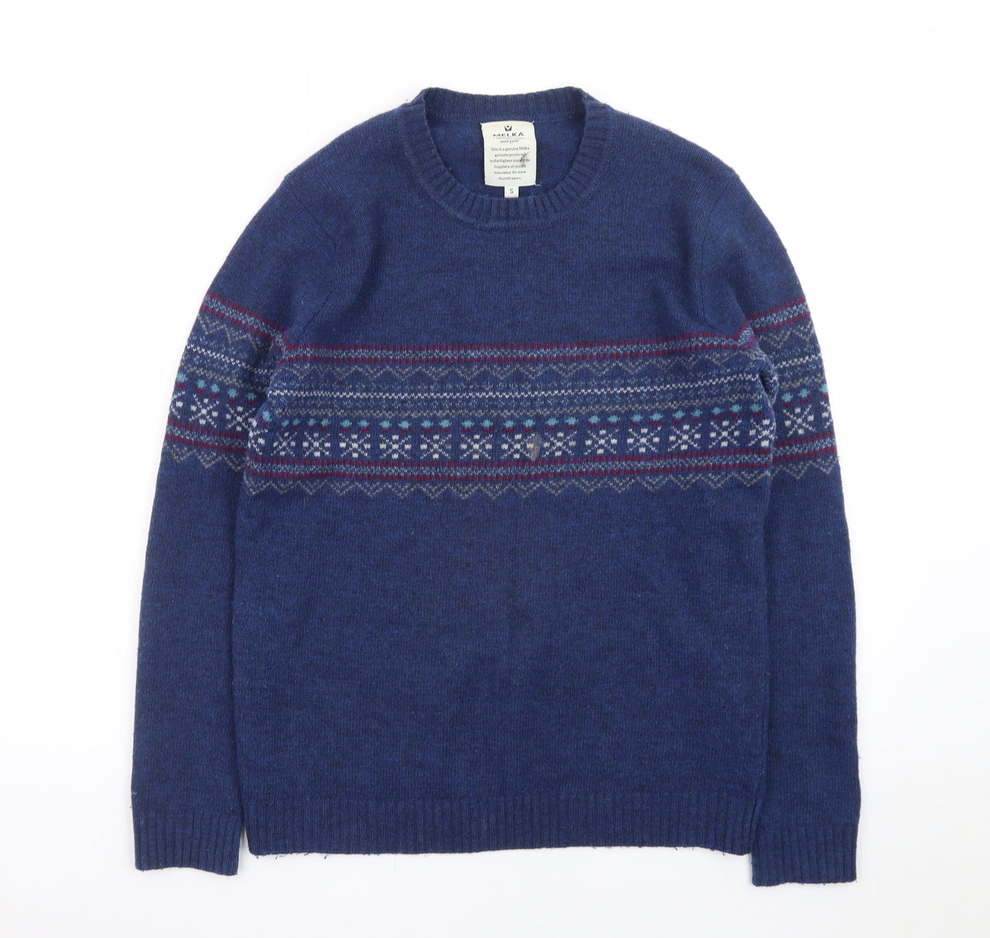 Melka Men's Blue Fair Isle Lambswool Crew Neck Jumper Size S