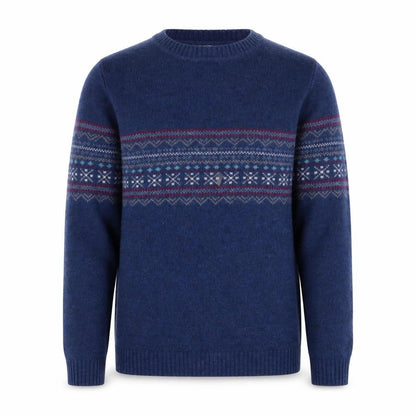 Melka Men's Blue Fair Isle Lambswool Crew Neck Jumper Size S