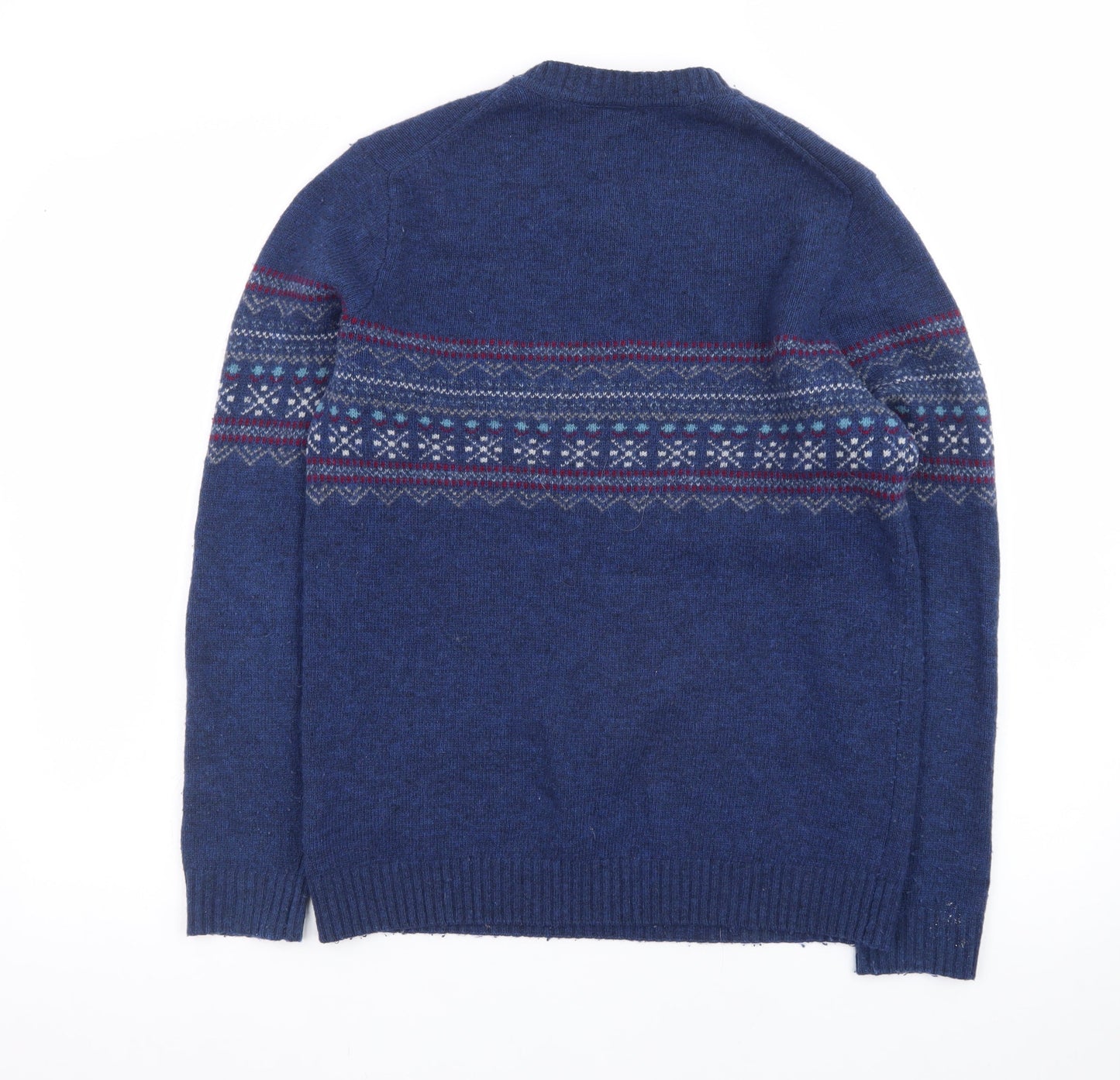 Melka Men's Blue Fair Isle Lambswool Crew Neck Jumper Size S