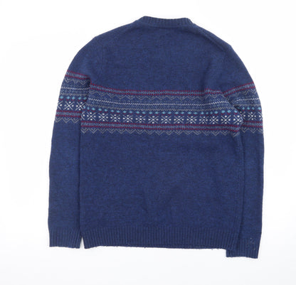 Melka Men's Blue Fair Isle Lambswool Crew Neck Jumper Size S