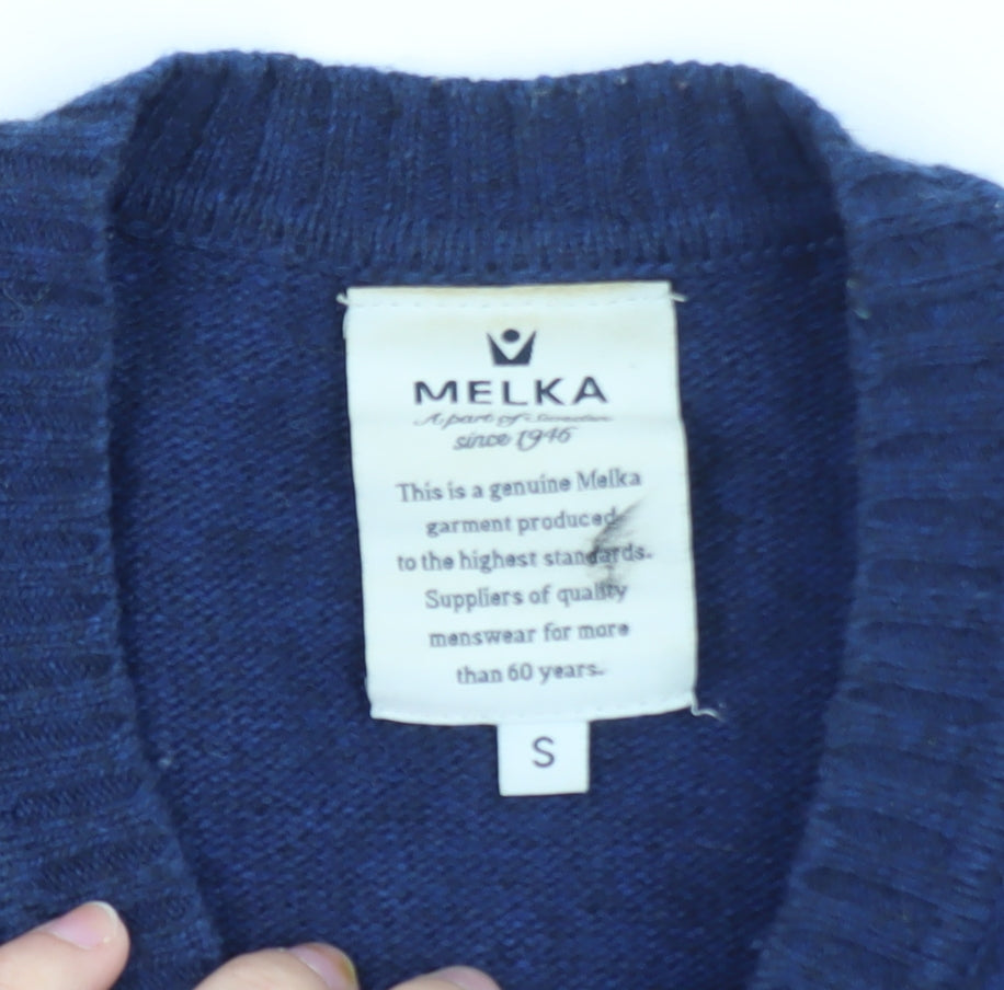 Melka Men's Blue Fair Isle Lambswool Crew Neck Jumper Size S