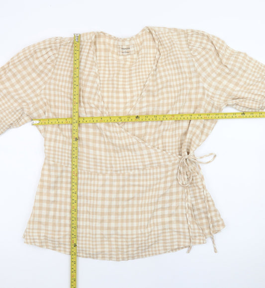 Marks and Spencer Women Beige Check Linen Blend Wrap Blouse Size 16