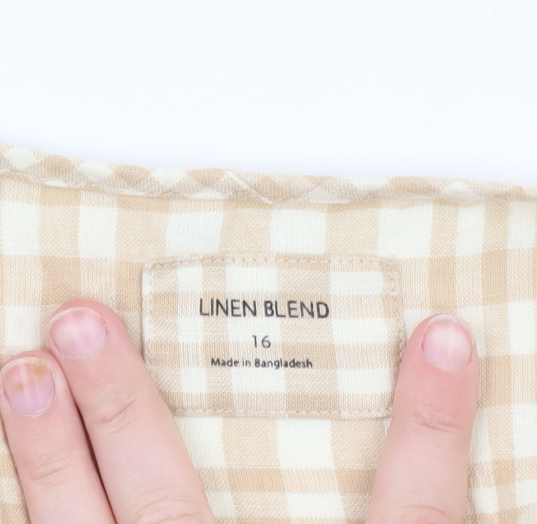Marks and Spencer Women Beige Check Linen Blend Wrap Blouse Size 16