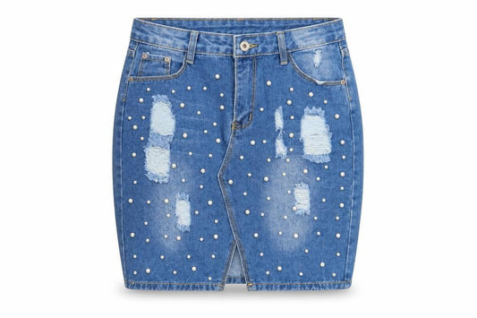 Cherry Koko Women Blue Denim Beaded Distressed Pencil Skirt L