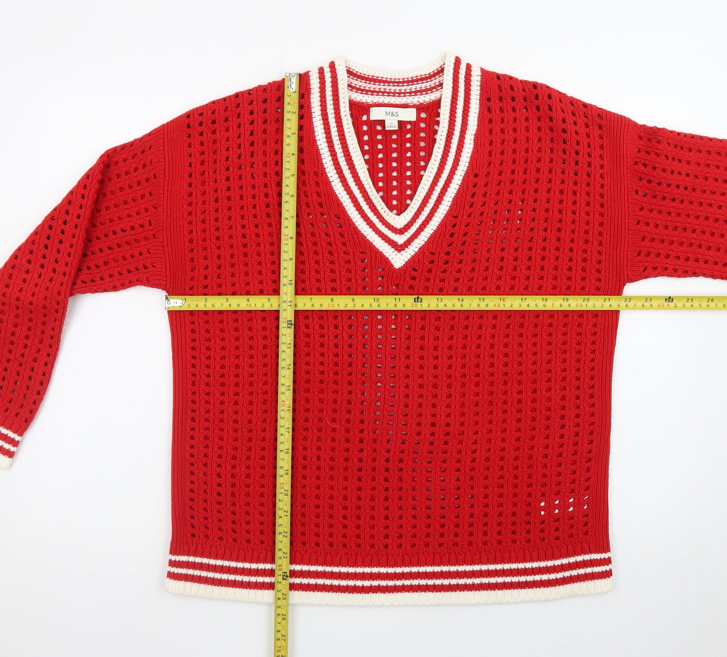 Marks and Spencer Womens Red Open Knit V-Neck Jumper Size M