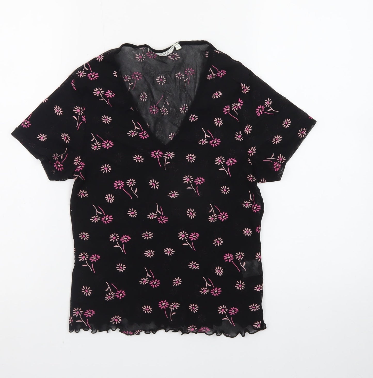 PRIMA Womens Black Floral Mesh V-Neck Short Sleeve Cropped Top Size 14