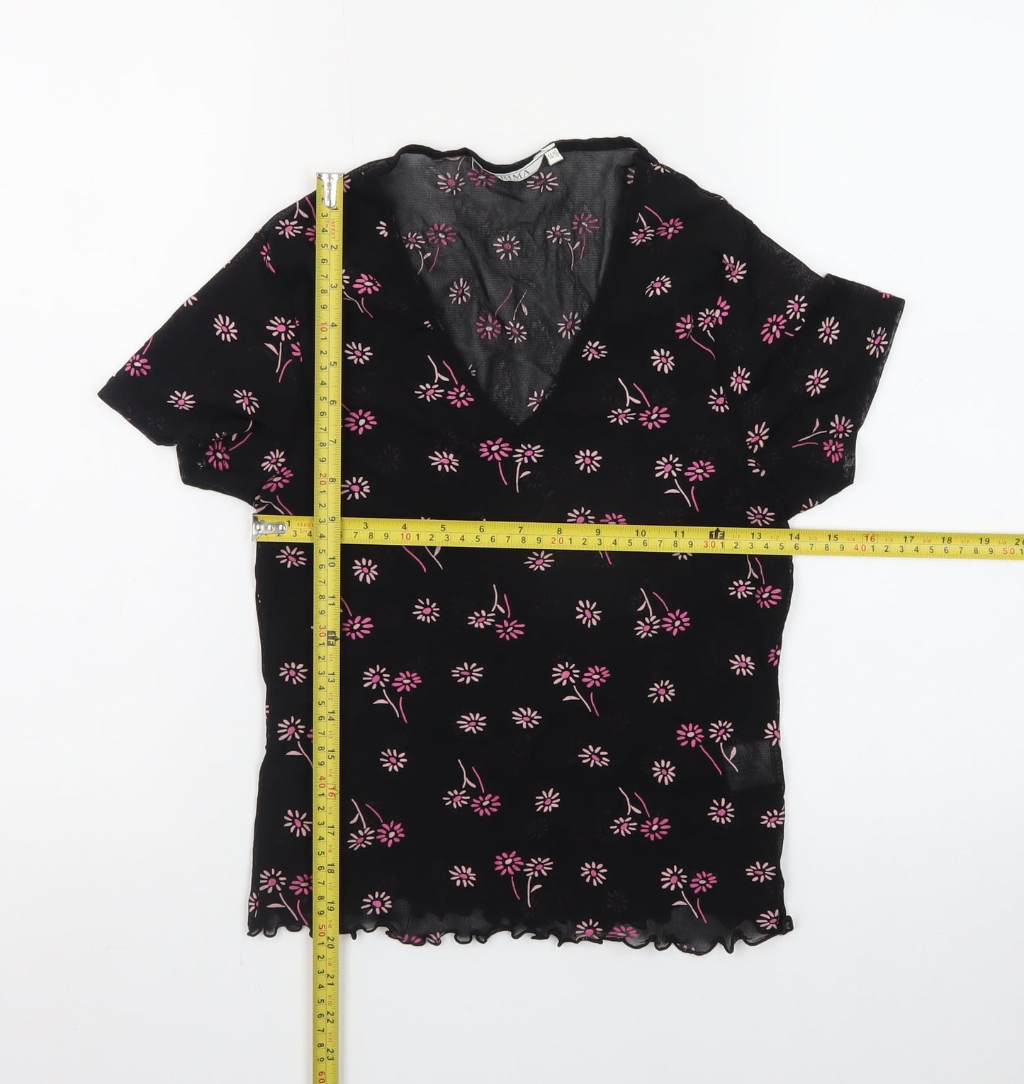 PRIMA Womens Black Floral Mesh V-Neck Short Sleeve Cropped Top Size 14