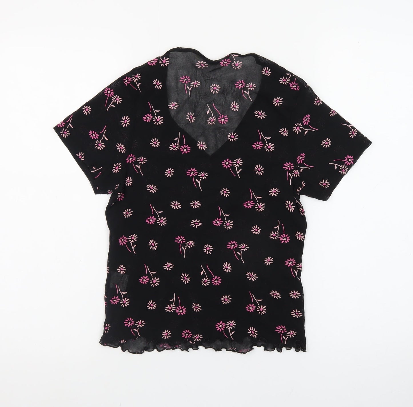 PRIMA Womens Black Floral Mesh V-Neck Short Sleeve Cropped Top Size 14