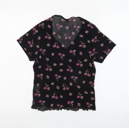 PRIMA Womens Black Floral Mesh V-Neck Short Sleeve Cropped Top Size 14