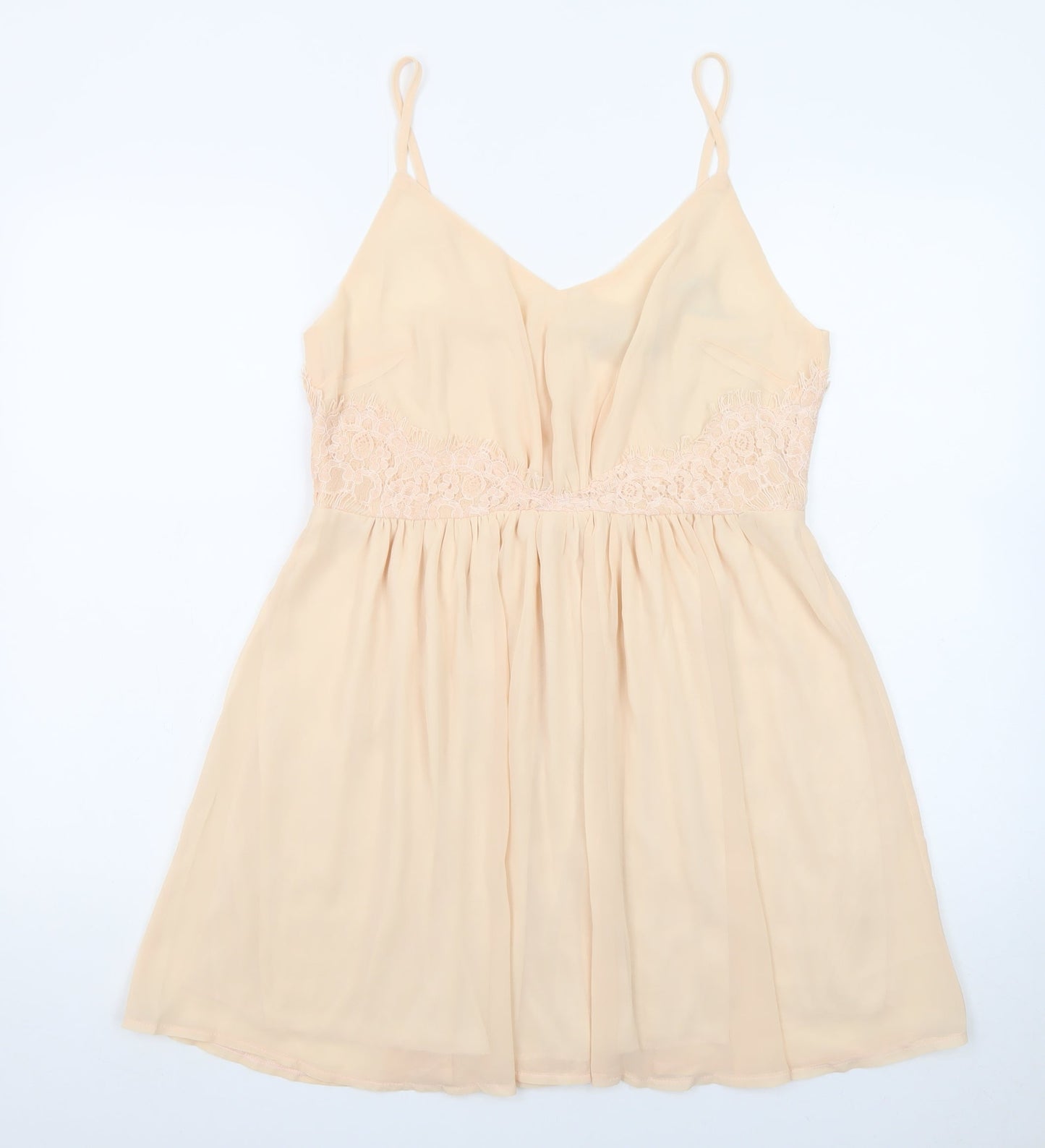 Missguided Women Beige Lace Slip Dress Size 8 Short V-Neck Chiffon