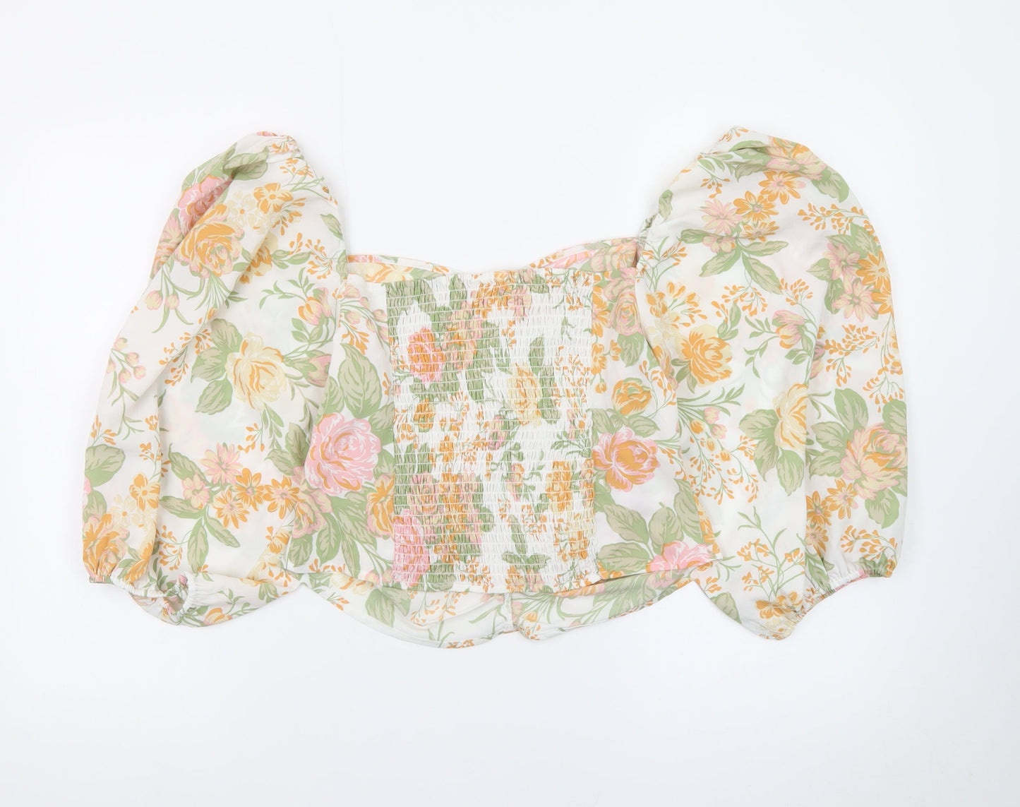 Monki Women’s Multicoloured Floral Cropped Blouse Size 16 Puff Sleeve