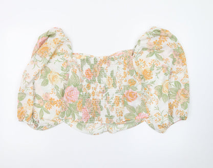 Monki Women’s Multicoloured Floral Cropped Blouse Size 16 Puff Sleeve