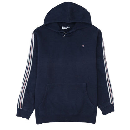 FILA Men’s Blue XL Pullover Hoodie with Logo and Striped Sleeves