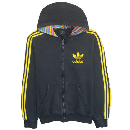 Adidas Men's Black Full Zip Hoodie L Yellow Stripes Retro Logo