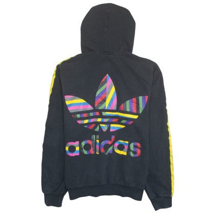 Adidas Men's Black Full Zip Hoodie L Yellow Stripes Retro Logo
