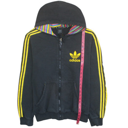 Adidas Men's Black Full Zip Hoodie L Yellow Stripes Retro Logo