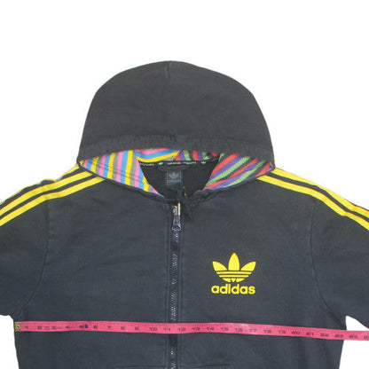 Adidas Men's Black Full Zip Hoodie L Yellow Stripes Retro Logo