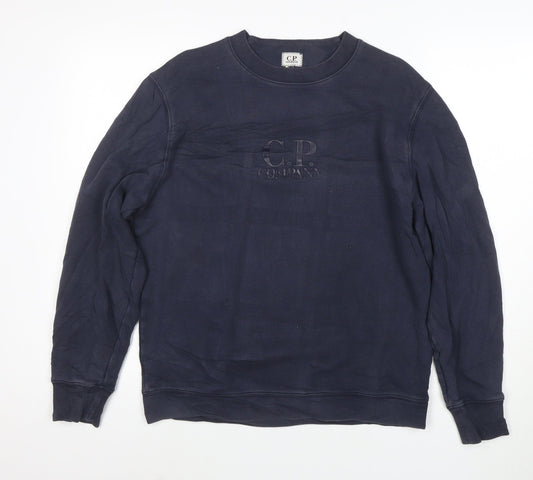 C.P. Company Men's Blue Cotton Crew Neck Logo Sweatshirt M