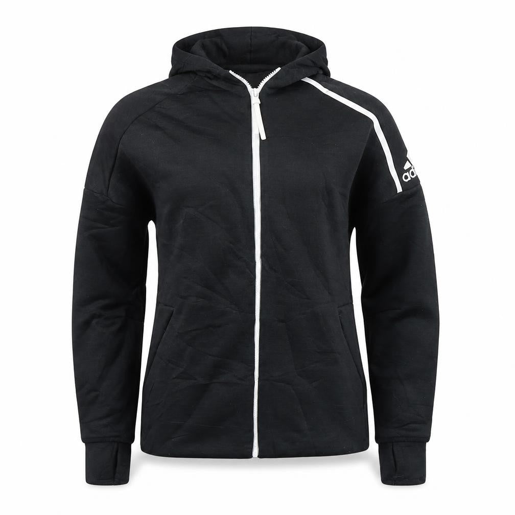 Front view of Adidas women’s black full zip hoodie l hooded sweatshirt
