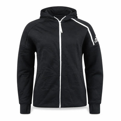 Front view of Adidas women’s black full zip hoodie l hooded sweatshirt