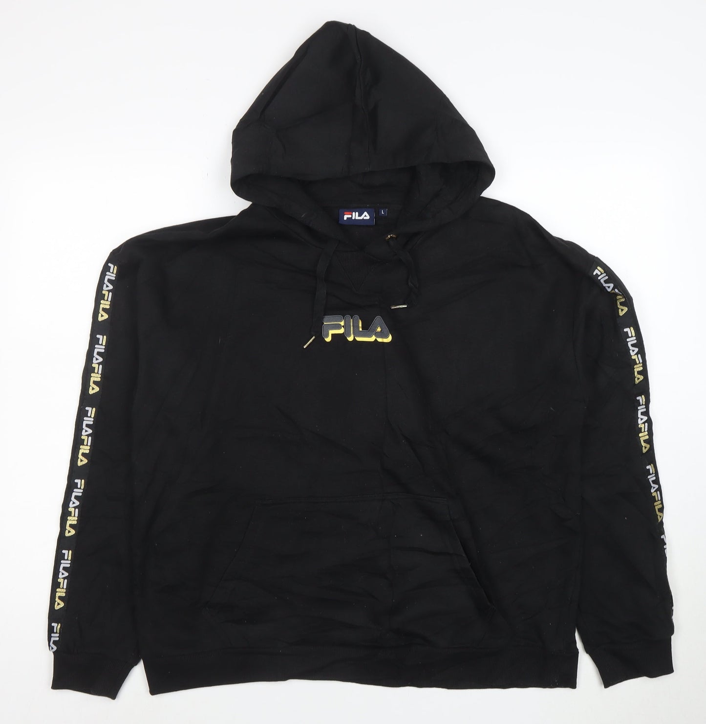 FILA Mens Black Pullover Hoodie L Logo Sports Fleece Sweatshirt