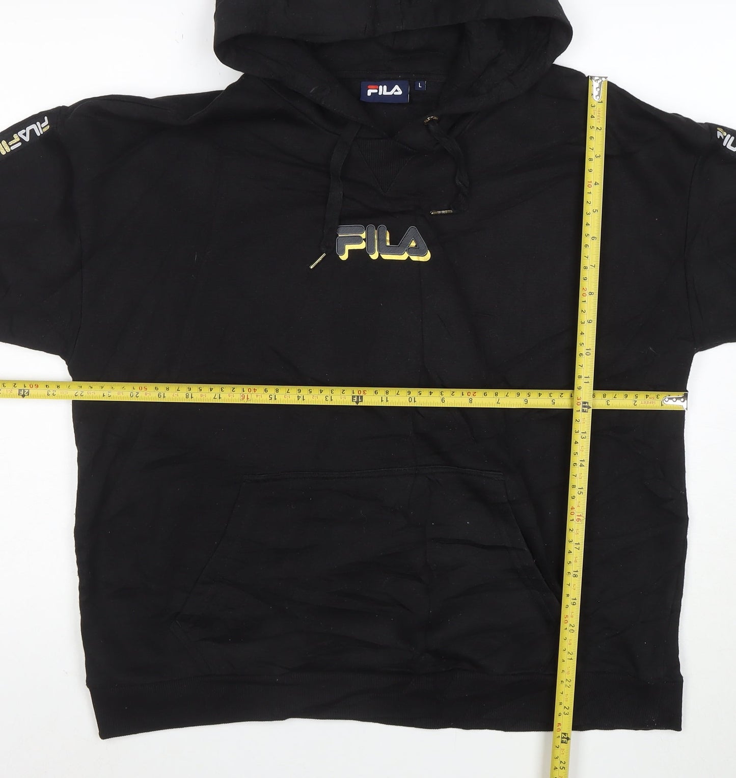 FILA Mens Black Pullover Hoodie L Logo Sports Fleece Sweatshirt
