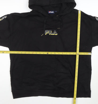 FILA Mens Black Pullover Hoodie L Logo Sports Fleece Sweatshirt