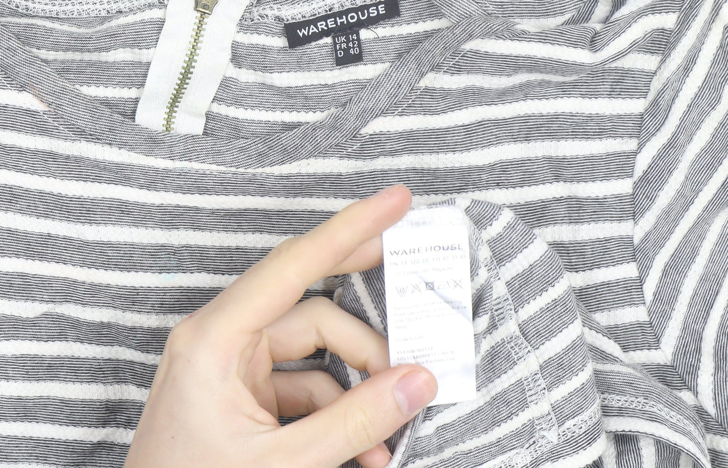 Warehouse Women’s Grey Striped Skater Dress Size 14 Short Sleeve