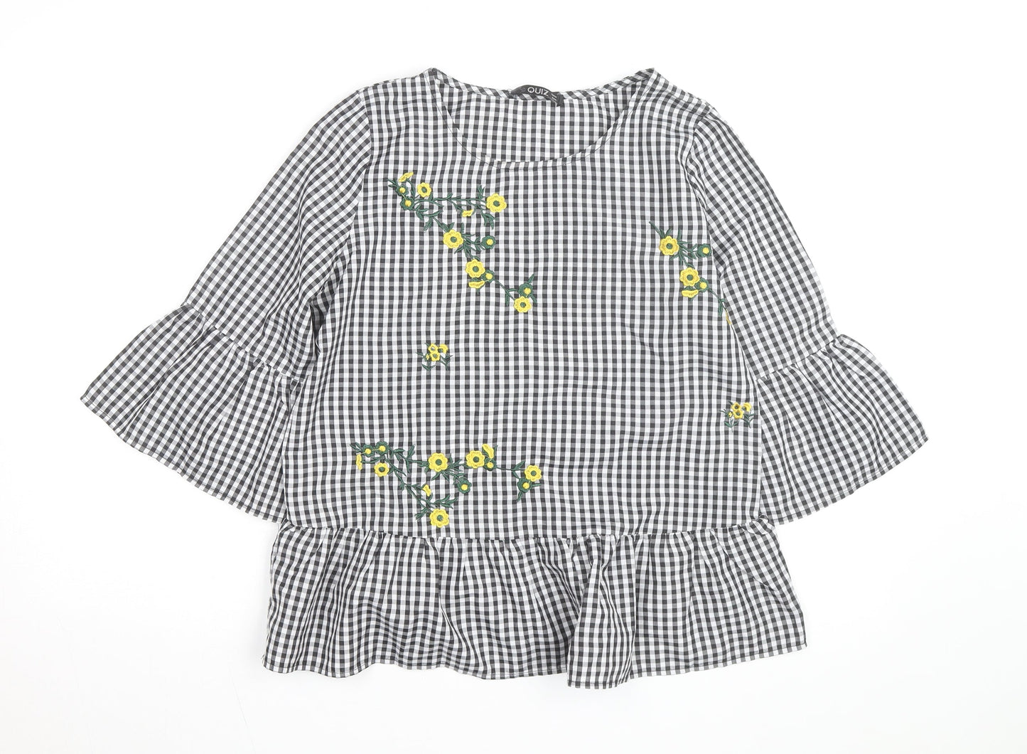 Quiz Womens Black Check Embroidered Ruffle Sleeve Tunic Blouse Size 8