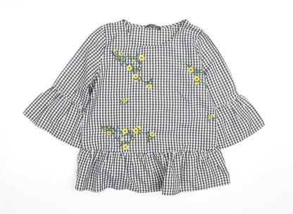 Quiz Womens Black Check Embroidered Ruffle Sleeve Tunic Blouse Size 8