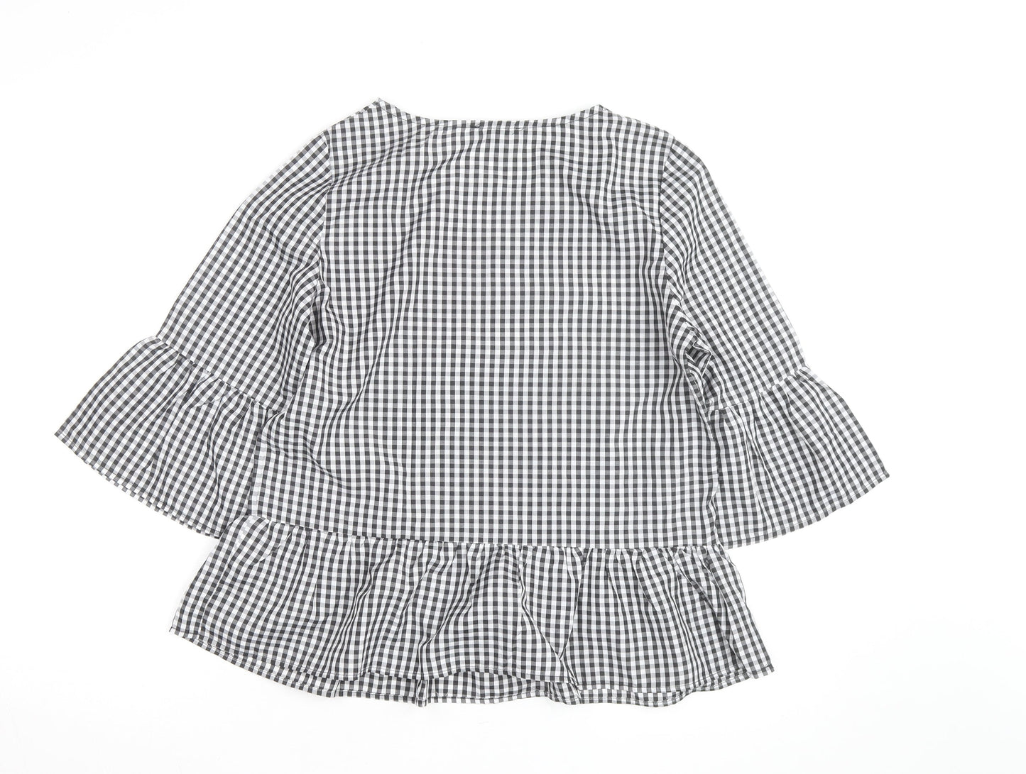 Quiz Womens Black Check Embroidered Ruffle Sleeve Tunic Blouse Size 8