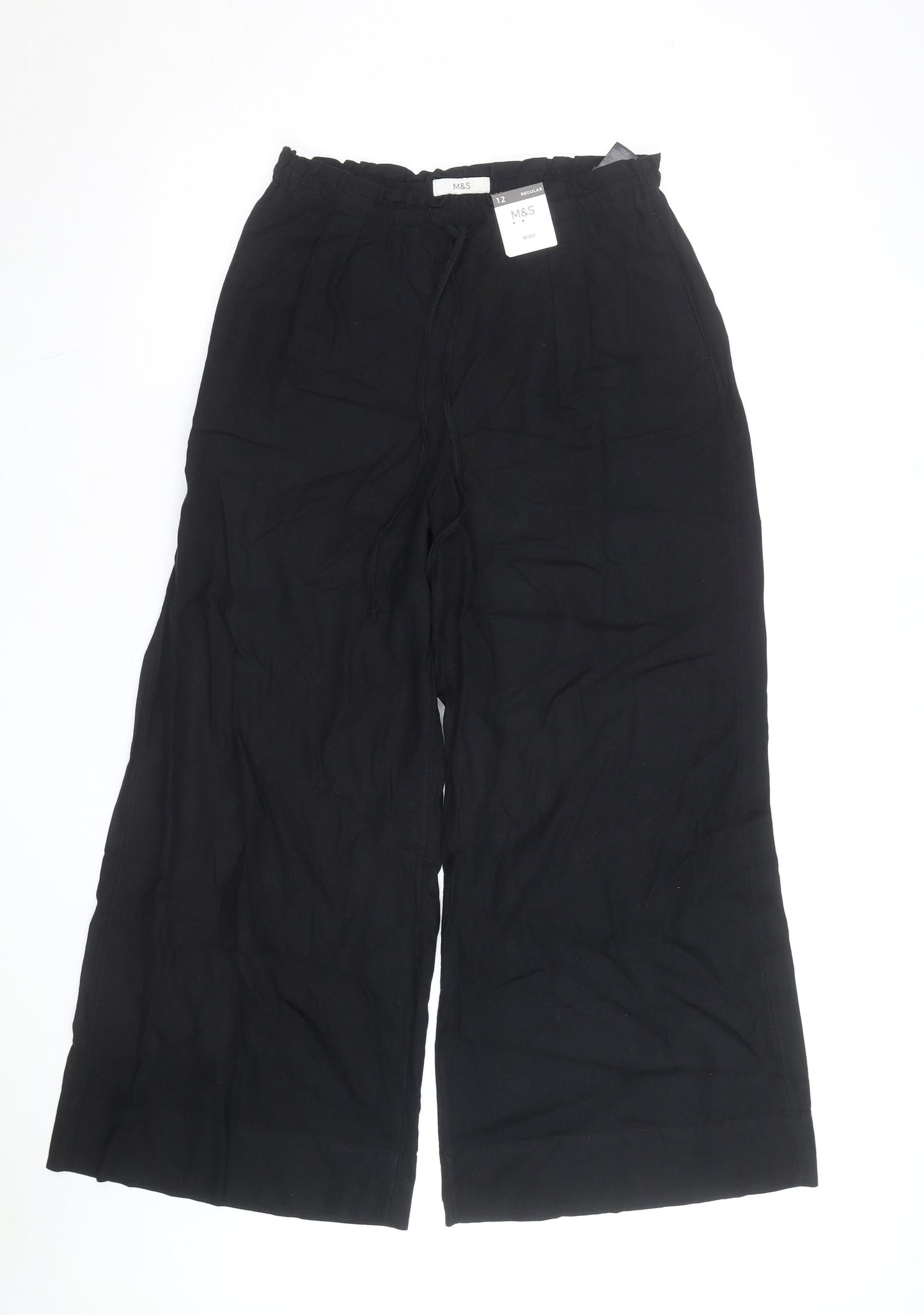 Marks and Spencer Womens Black Size 12 Regular Linen Wide-Leg Trousers