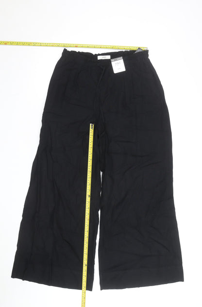 Marks and Spencer Womens Black Size 12 Regular Linen Wide-Leg Trousers