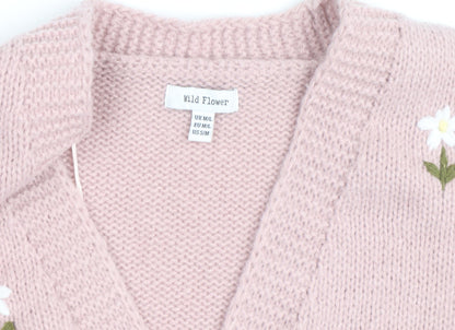 Wild Flower Women Pink Floral Embroidered V-Neck Cardigan M