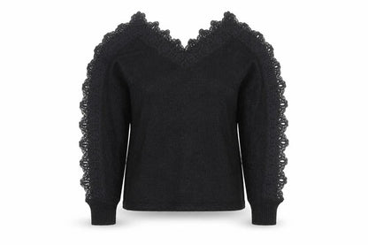 Wild Flower Women's Black V-Neck Lace Trim Knit Jumper Size M