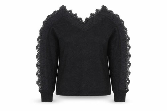 Wild Flower Women's Black V-Neck Lace Trim Knit Jumper Size M