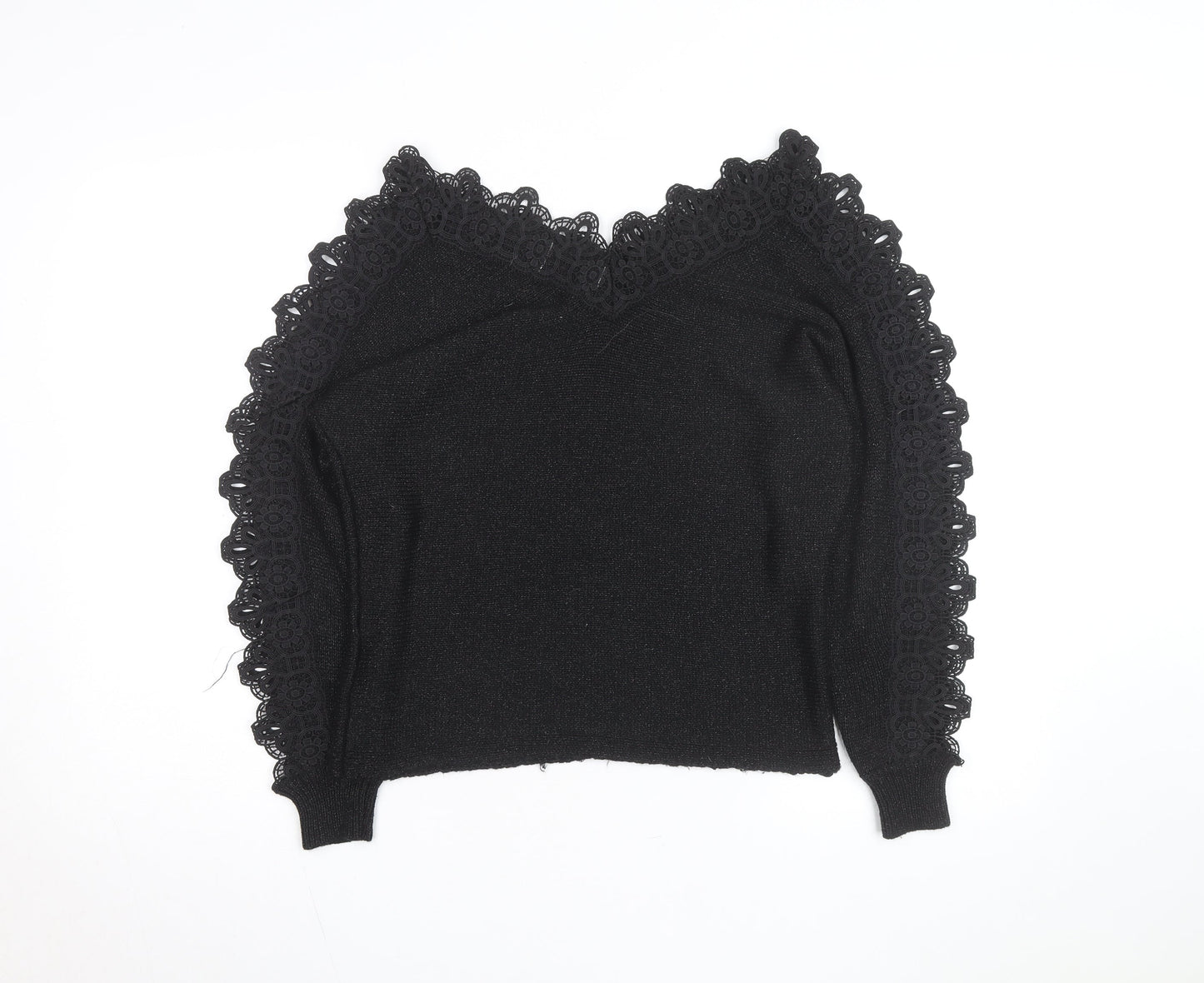 Wild Flower Women's Black V-Neck Lace Trim Knit Jumper Size M